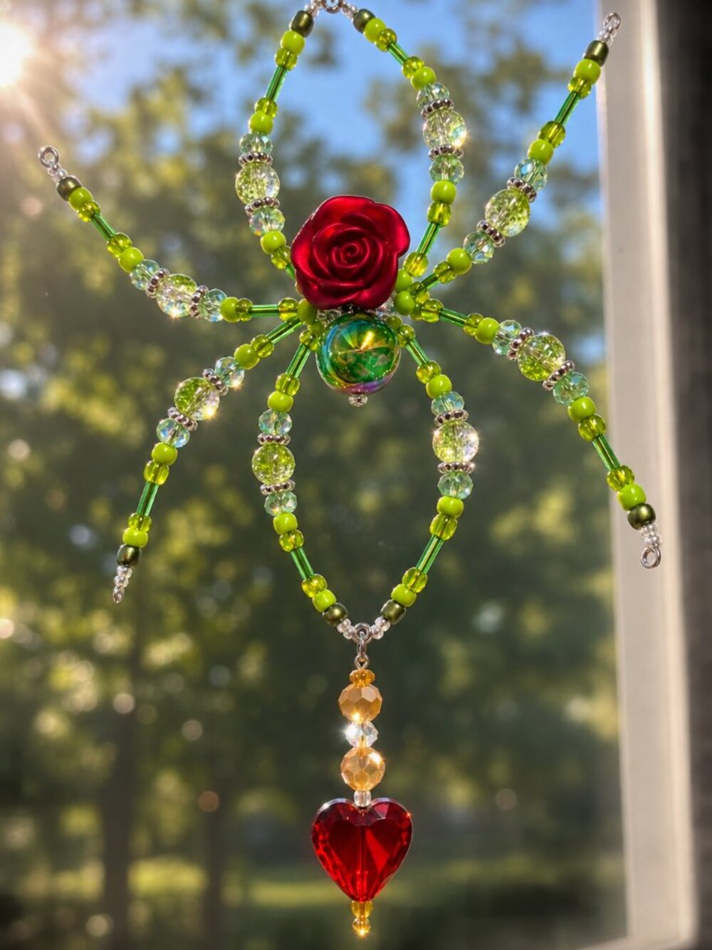 "Enchanted Rose" Hand-crafted Beaded Spider Suncatcher - 7"